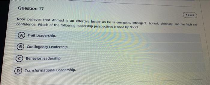 Question 17 1 Point Noor Believes That Ahmed Is An Effective Leader As He Is Energetic Intelligent Honest Visionary 1