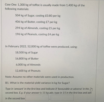 Case One 1 300 Kg Of Toffee Is Usually Made From 1 400 Kg Of The Following Materials 504 Kg Of Sugar Costing 0 80 Pe 1