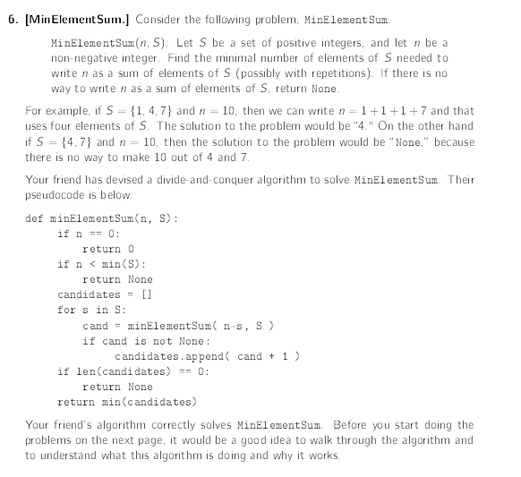 6 Min Element Sum Consider The Following Problem Minelement Sum Minelementsum N S Let S Be A Set Of Positive Int 1