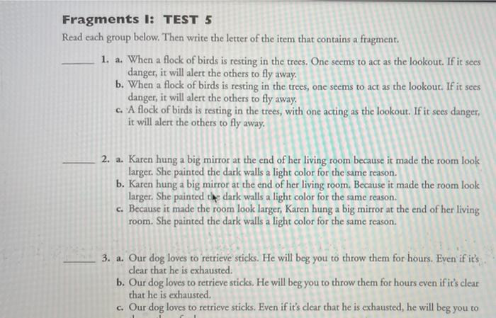 Fragments I Test 5 Read Each Group Below Then Write The Letter Of The Item That Contains A Fragment 1 A When A Floc 1