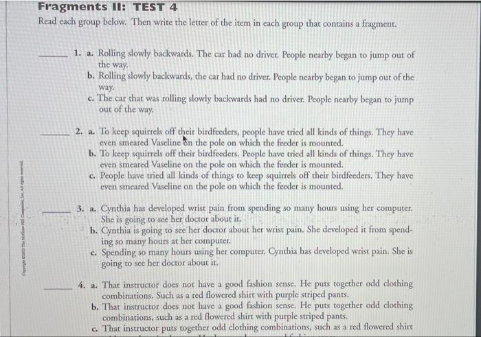 Ch 00 The Mcgh Compac Fragments Ii Test 4 Read Each Group Below Then Write The Letter Of The Item In Each Group That C 1