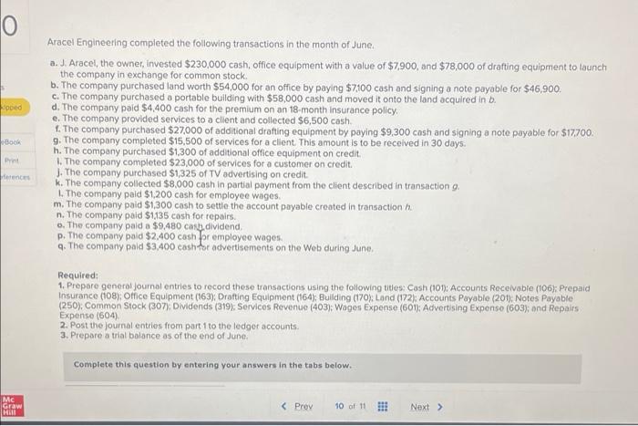 Ipped Book Print Ferences Mc Graw Hill Aracel Engineering Completed The Following Transactions In The Month Of June A 1