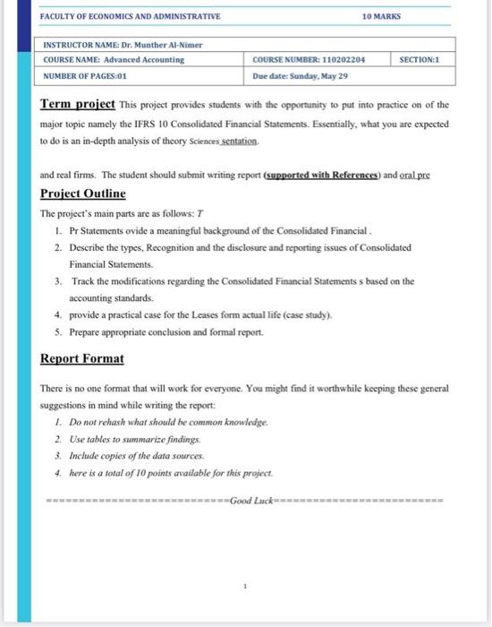 Faculty Of Economics And Administrative Instructor Name Dr Munther Al Nimer Course Name Advanced Accounting Section 1 3