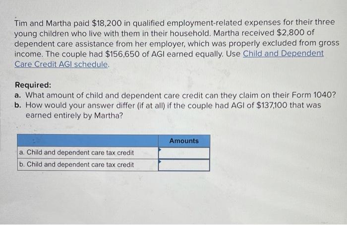 Expenses For Their Three Tim And Martha Paid 18 200 In Qualified Employment Related Young Children Who Live With Them I 2