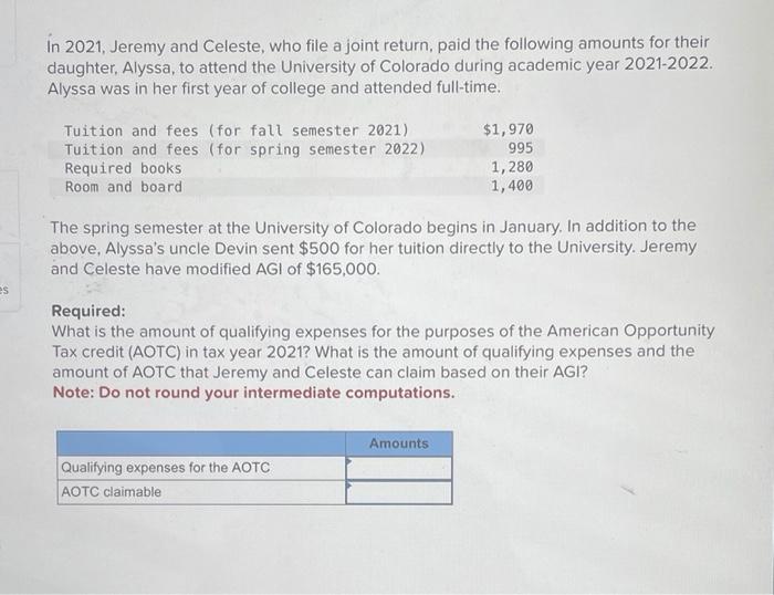 In 2021 Jeremy And Celeste Who File A Joint Return Paid The Following Amounts For Their Daughter Alyssa To Attend T 1