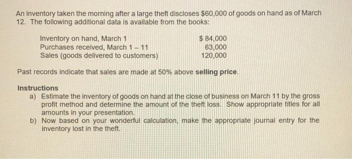 An Inventory Taken The Morning After A Large Theft Discloses 60 000 Of Goods On Hand As Of March 12 The Following Addi 1