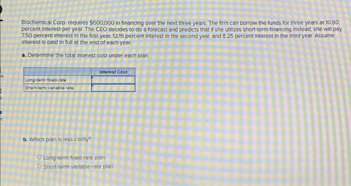 Biochemical Corp Requires 600 000 In Financing Over The Next Three Years The Firm Can Borrow The Funds For Three Years 1