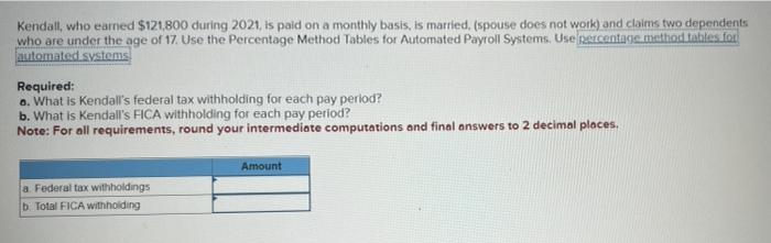Kendall Who Earned 121 800 During 2021 Is Paid On A Monthly Basis Is Married Spouse Does Not Work And Claims Two 1