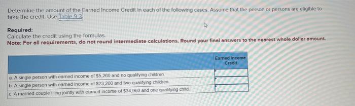 Determine The Amount Of The Earned Income Credit In Each Of The Following Cases Assume That The Person Or Persons Are E 1