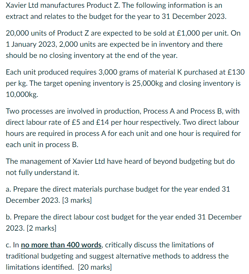 Xavier Ltd Manufactures Product Z The Following Information Is An Extract And Relates To The Budget For The Year To 31 1