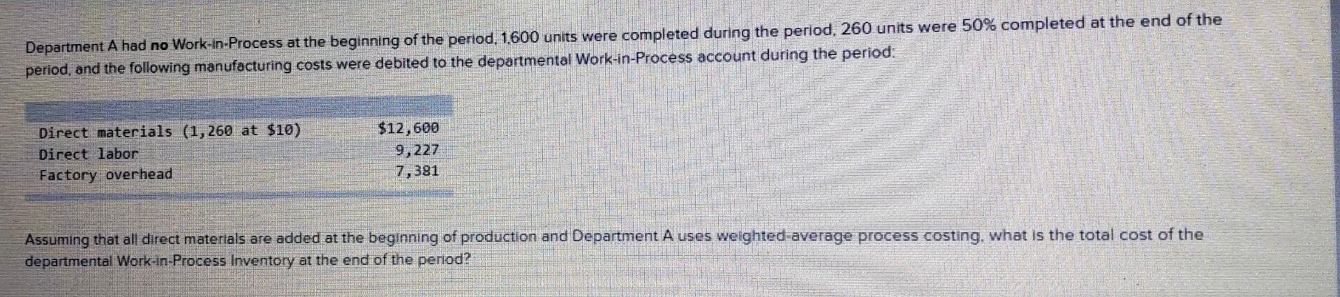 Department A Had No Work In Process At The Beginning Of The Period 1 600 Units Were Completed During The Period 260 Un 1