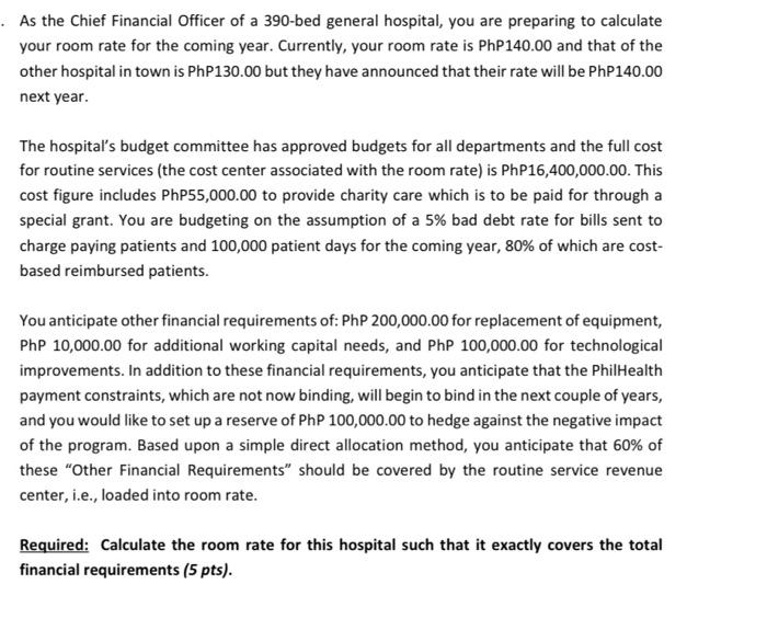 As The Chief Financial Officer Of A 390 Bed General Hospital You Are Preparing To Calculate Your Room Rate For The Comi 3