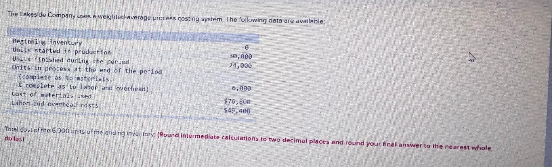 The Lakeside Company Uses A Weighted Average Process Costing System The Following Data Are Available Beginning Invento 1