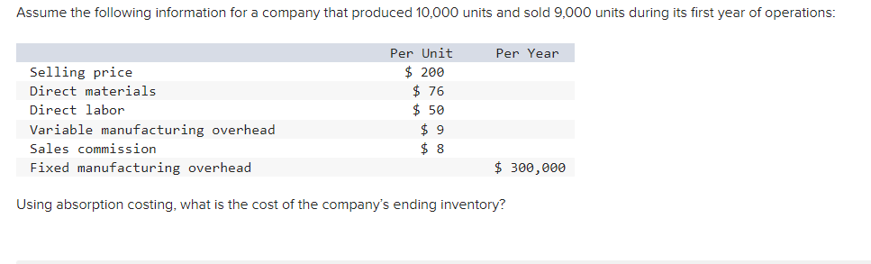 Assume The Following Information For A Company That Produced 10 000 Units And Sold 9 000 Units During Its First Year Of 1
