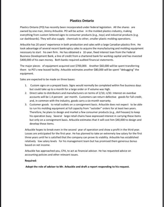 Plastics Ontario Plastics Ontario Po Has Recently Been Incorporated Under Federal Legislation All The Shares Are Owne 1