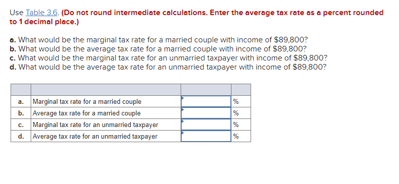 Use Table 3 6 Do Not Round Intermediate Calculations Enter The Average Tax Rate As A Percent Rounded To 1 Decimal Pla 1