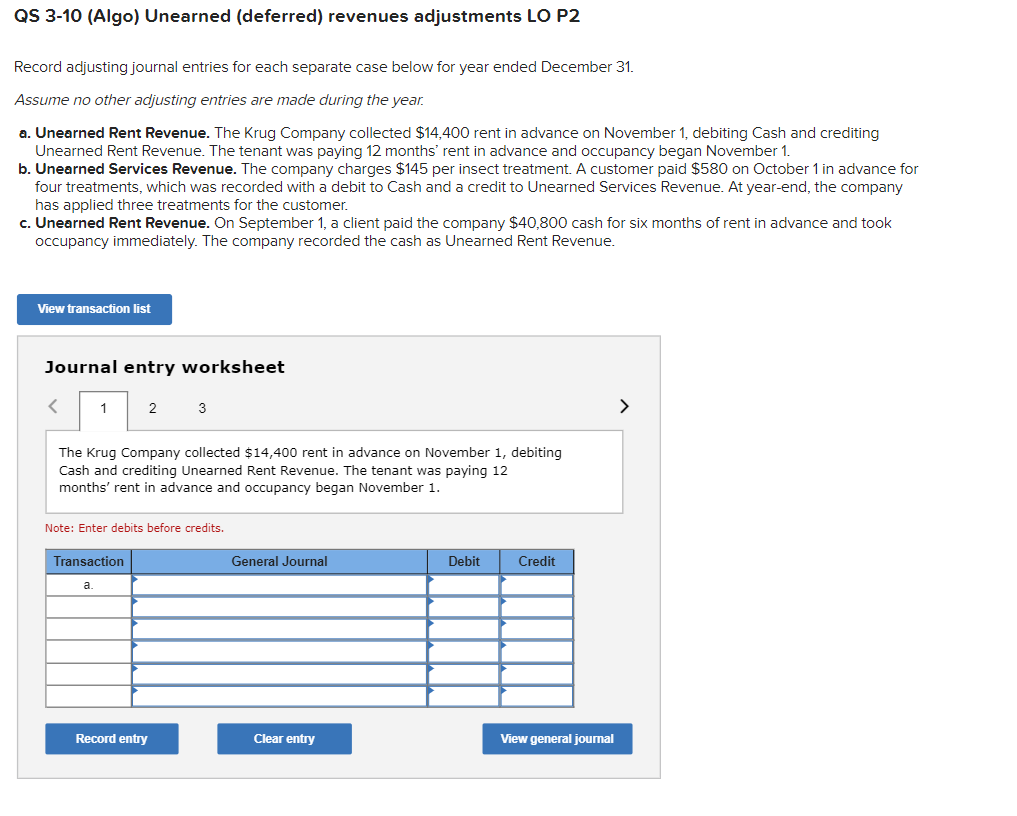 Qs 3 10 Algo Unearned Deferred Revenues Adjustments Lo P2 Record Adjusting Journal Entries For Each Separate Case Be 1