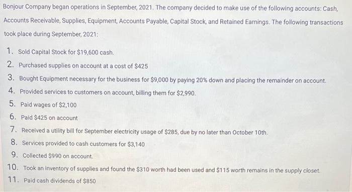 Bonjour Company Began Operations In September 2021 The Company Decided To Make Use Of The Following Accounts Cash Ac 1