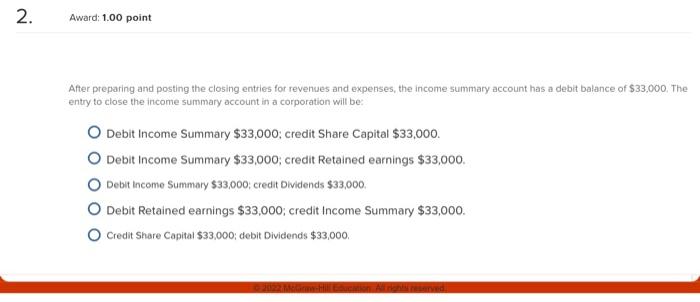 2 Award 1 00 Point After Preparing And Posting The Closing Entries For Revenues And Expenses The Income Summary Accou 1