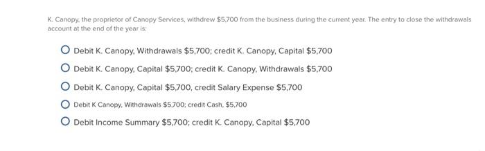 K Canopy The Proprietor Of Canopy Services Withdrew 5 700 From The Business During The Current Year The Entry To Cl 1