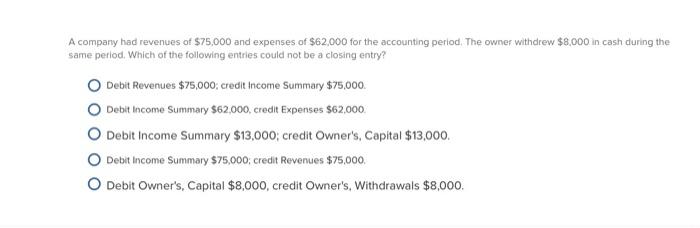 A Company Had Revenues Of 75 000 And Expenses Of 62 000 For The Accounting Period The Owner Withdrew 8 000 In Cash D 1