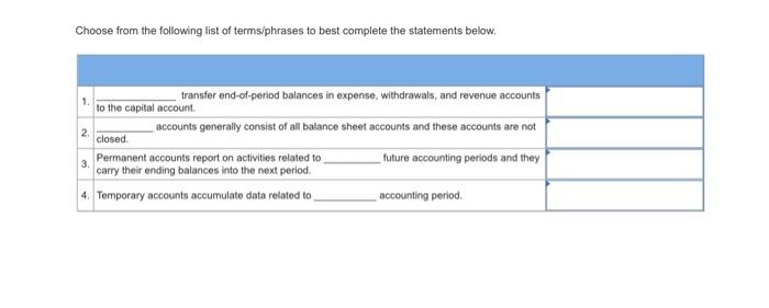 Choose From The Following List Of Terms Phrases To Best Complete The Statements Below 1 To The Capital Account 2 Clo 1