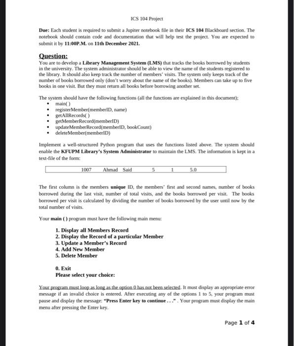 Ics 104 Project Due Each Student Is Required To Submit A Jupiter Notebook File In Their Ics 104 Blackboard Section The 1