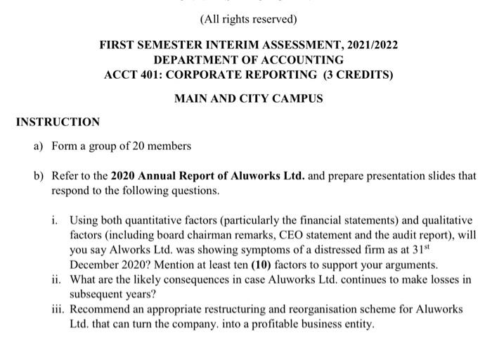 All Rights Reserved First Semester Interim Assessment 2021 2022 Department Of Accounting Acct 401 Corporate Reportin 1