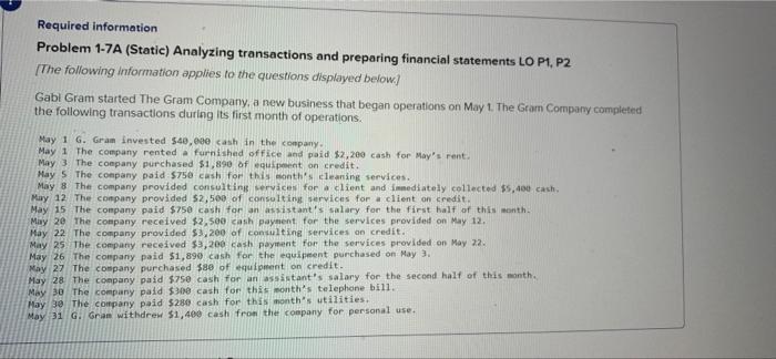 Required Information Problem 1 7a Static Analyzing Transactions And Preparing Financial Statements Lo P1 P2 The Foll 1