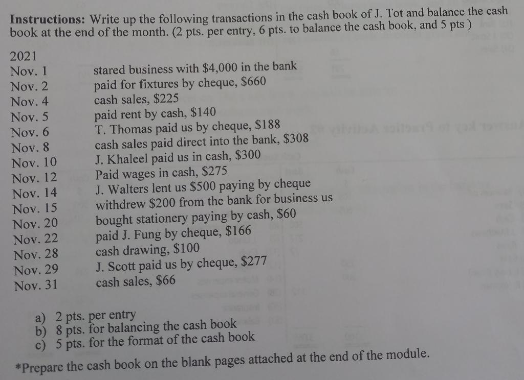 Instructions Write Up The Following Transactions In The Cash Book Of J Tot And Balance The Cash Book At The End Of The 1
