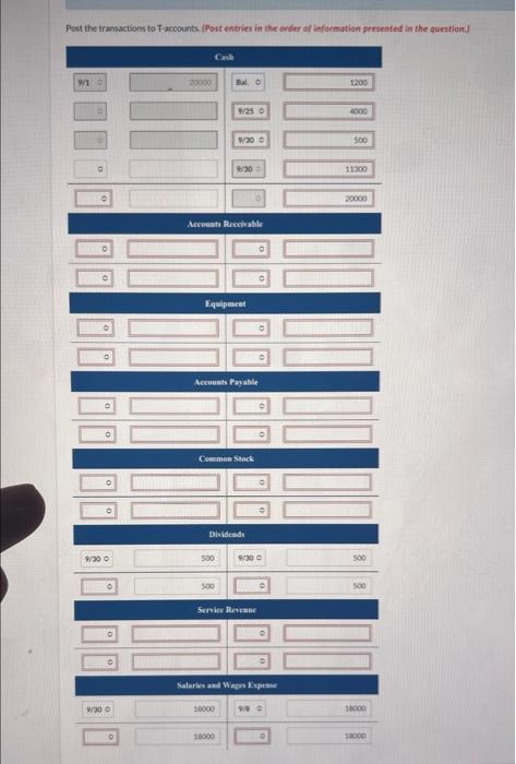 Post The Transactions To T Accounts Post Entries In The Order Of Information Presented In The Question Cash 9 10 C 30 1