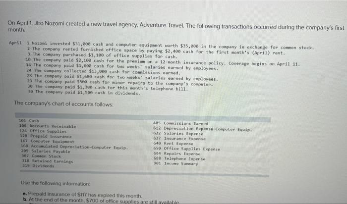 On April 1 Jiro Nozomi Created A New Travel Agency Adventure Travel The Following Transactions Occurred During The Co 1