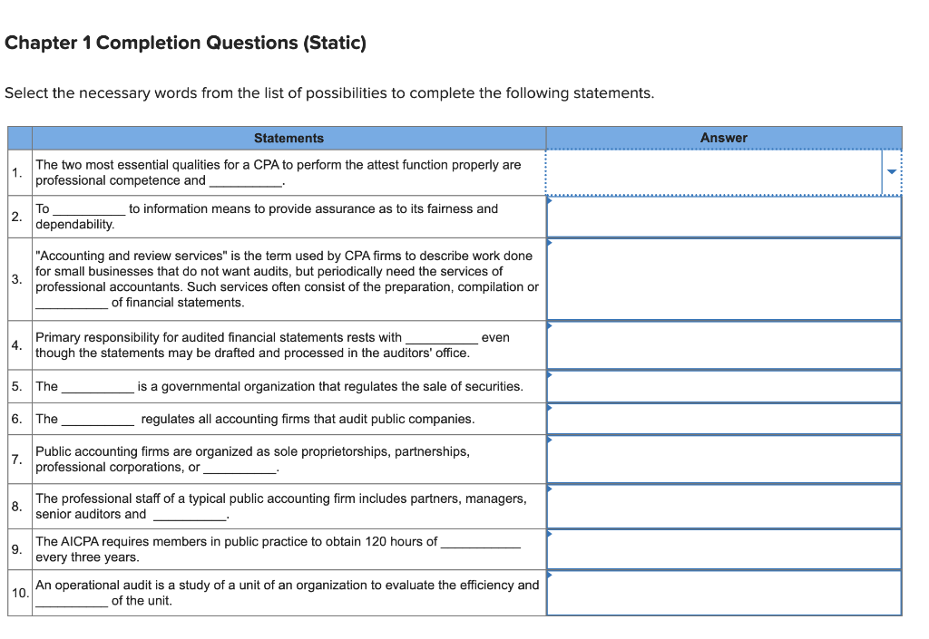 Chapter 1 Completion Questions Static Select The Necessary Words From The List Of Possibilities To Complete The Follow 1