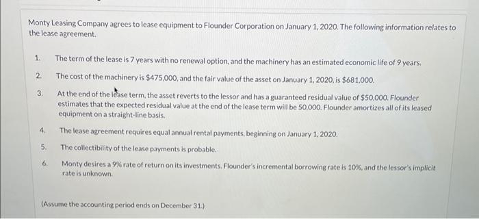 Monty Leasing Company Agrees To Lease Equipment To Flounder Corporation On January 1 2020 The Following Information Re 1