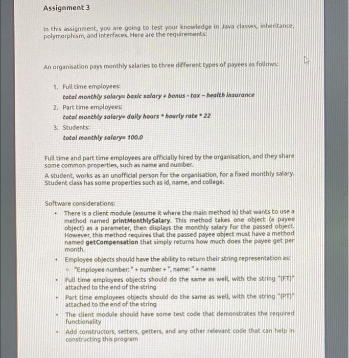 Assignment 3 In This Assignment You Are Going To Test Your Knowledge In Java Classes Inheritance Polymorphism And Int 1
