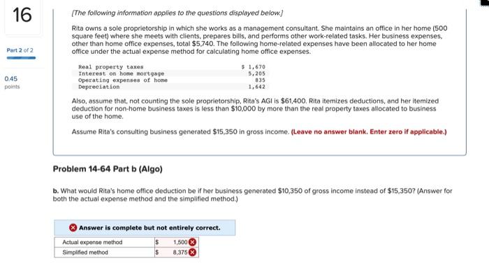 16 Part 2 Of 2 0 45 Points The Following Information Applies To The Questions Displayed Below Rita Owns A Sole Propri 1