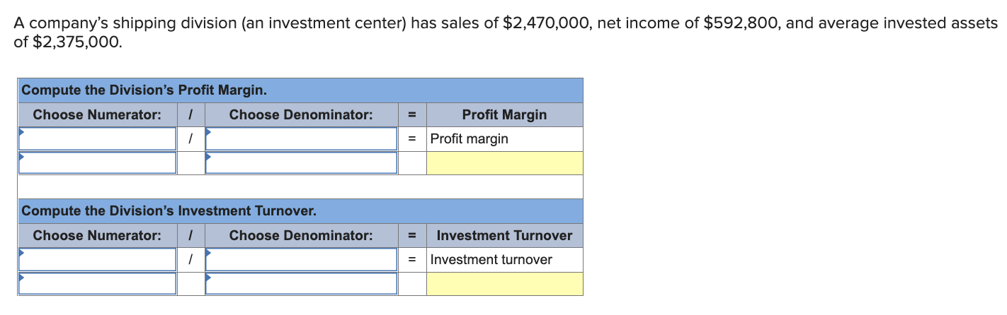 A Company S Shipping Division An Investment Center Has Sales Of 2 470 000 Net Income Of 592 800 And Average Invest 1
