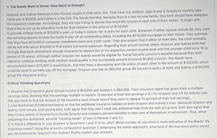 1 The Reeds Want To Know How Much Is Enough Grayson And Aubrey Reed Are A Two Income Couple In Their Early 30s They 1