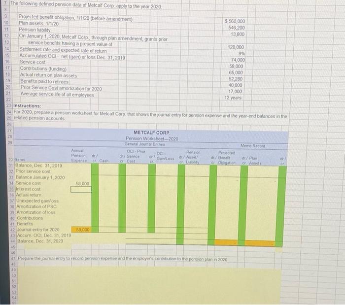 7 The Following Defined Pension Data Of Metcalf Corp Apply To The Year 2020 8 9 Projected Benefit Obligation 1 1 20 Be 1