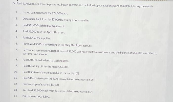 On April 1 Adventures Travel Agency Inc Began Operations The Following Transactions Were Completed During The Month 1