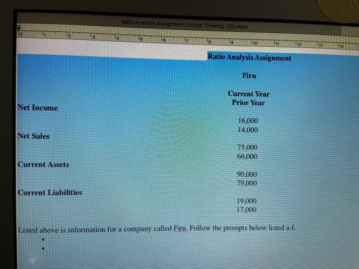 Ratio Analysis Assignment Critical Thinking 201 Docx La 11 194 13 6 18 19 10 F Ratio Analysis Assignment Firn Current Y 1