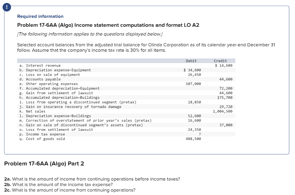 Problem 17 6aa Algo Part 2 2a What Is The Amount Of Income From Continuing Operations Before Income Taxes 2b What I 1
