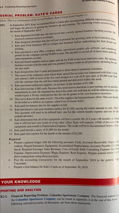 Hooge Publishers R2 Processing Accounting Information Serial Problem Kate S Cards Note This Is A Continuation Of The S 1