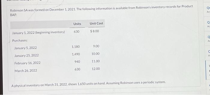 Robinson Sa Was Formed On December 1 2021 The Following Information Is Available From Robinson S Inventory Records For 1