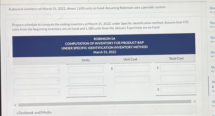 Robinson Sa Was Formed On December 1 2021 The Following Information Is Available From Robinson S Inventory Records For 2