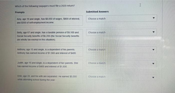 Which Of The Following Taxpayers Must File A 2020 Return Prompts Amy Age 19 And Single Has 8 050 Of Wages 800 Of I 1