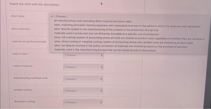 Match The Term With The Description Direct Labor Direct Materials Expense Recognition Principle Indirect Labor Indirect 1