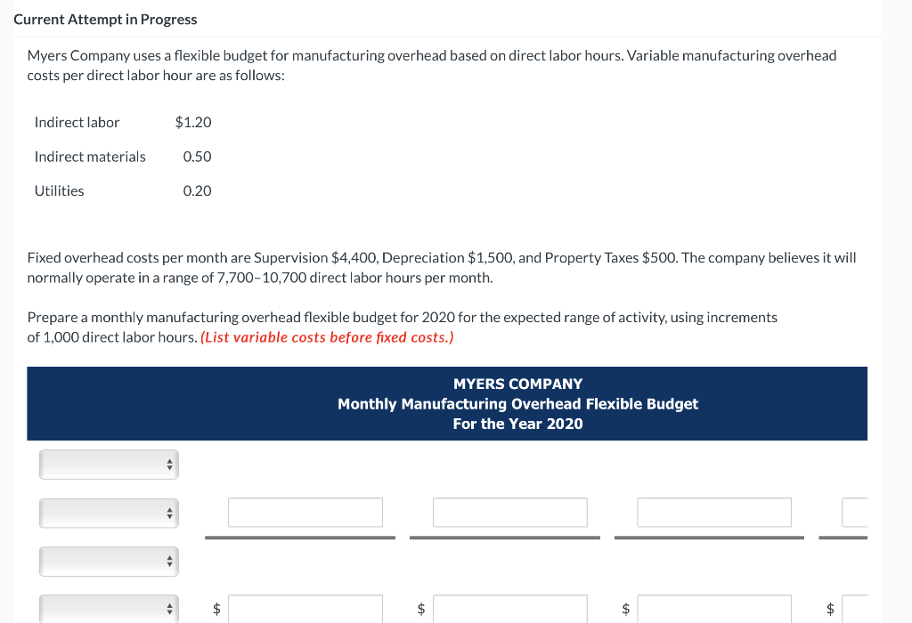 Current Attempt In Progress Myers Company Uses A Flexible Budget For Manufacturing Overhead Based On Direct Labor Hours 1