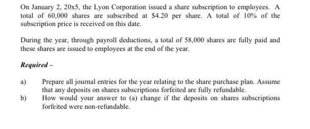On January 2 20x5 The Lyon Corporation Issued A Share Subscription To Employees A Total Of 60 000 Shares Are Subscrib 1