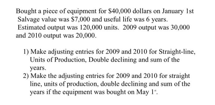 Bought A Piece Of Equipment For 40 000 Dollars On January 1st Salvage Value Was 7 000 And Useful Life Was 6 Years Est 1